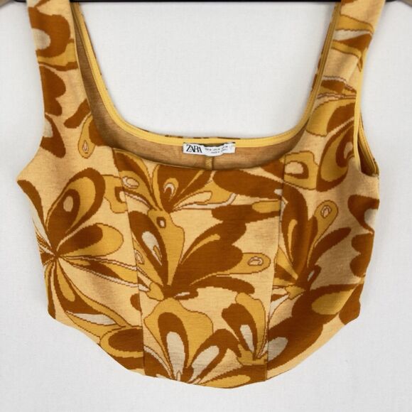 Zara Top Womens Medium Yellow Floral Cropped Retro 70s Funky Boho Fairy Festival - Picture 5 of 12